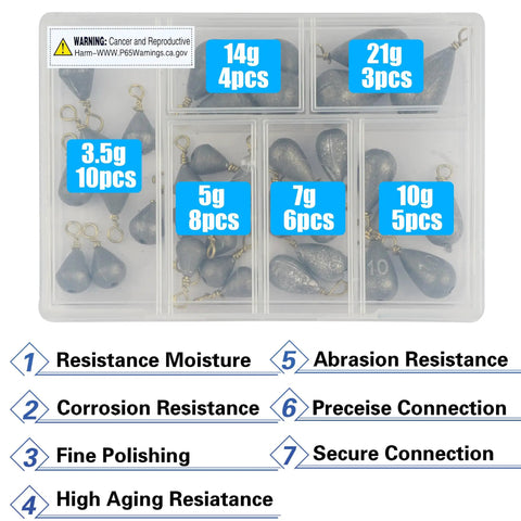 30 Pack Lead Fishing Weight Sinkers With Brass Swivel, shown in compartment box with mixed sizes for deep water and drop shot.