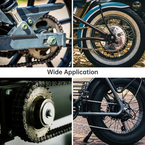 Beefy Chain Breaker Tool For 100 To 200 Roller Chains, shown in use with motorcycle, bicycle, and Go-Kart chain mechanisms.