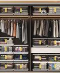 Heavy Duty 17.4 Gallon Lidded Storage Bins Stackable And Collapsible Set Of Three in organized closet with clothes.