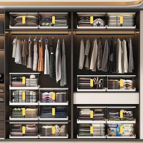 Heavy Duty 17.4 Gallon Lidded Storage Bins Stackable And Collapsible Set Of Three in organized closet with clothes.