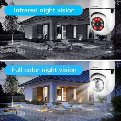 Comparison of infrared and full color night vision using 2K 3MP Light Bulb Security Camera With 360 Degree View, Wireless 2.4GHz WiFi Surveillance For Home Indoor Or Outdoor Use, Two Way Audio, Color Night Vision, SD Card Or Cloud Storage, Alexa Compatible, Your Go To Baby And Pet Monitor.