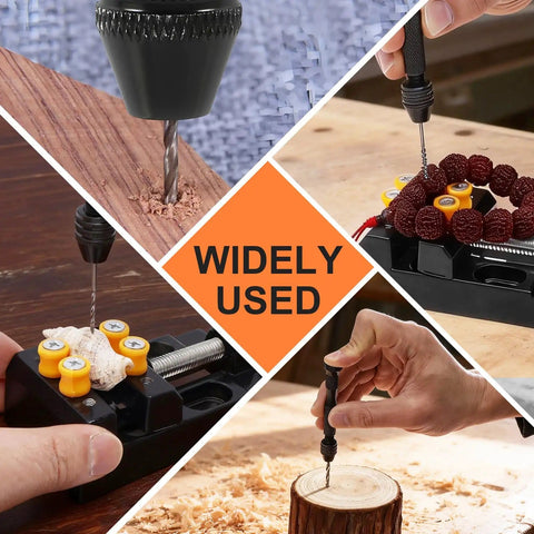 Images showing Mini Drill Press Vise Kit with 0 to 2.17 inch clamping range used for jewelry and woodworking.