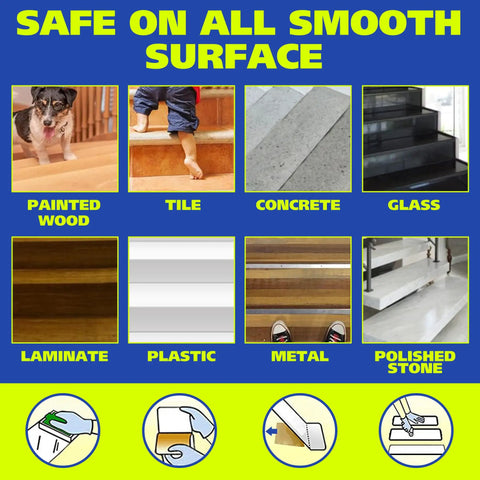 Grippy Black Grip Tape For Stairs And Outdoor Use, displayed on wood, tile, and other smooth surfaces, showing versatility.
