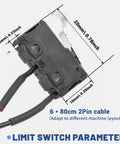Close-up of limit switch with dimensions for Limit Switch Kit With Emergency Stop For CNC Routers Featuring 6 Micro Switches 2 Pin Connector.