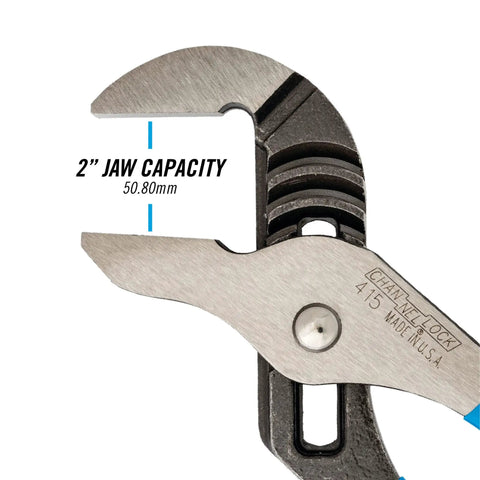 Close-up of Tongue And Groove Pliers 415 With Smooth Jaw Non Marring Grip High Carbon Steel 10 Inch, showing 2-inch jaw capacity.