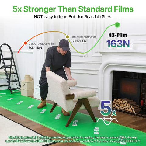Heavy Duty Floor Protector For Construction And DIY, 39x100 Inch Waterproof Carpet Shield on hardwood floor, person moving chair