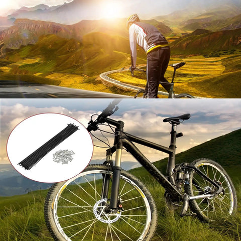 Stainless Steel Bike Spokes And Nipples 12G 130mm Black 10 Pack For Mountain Road And Hybrid Bikes with cyclist image