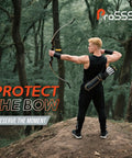 Archer aiming a recurve bow in forest, equipped with Recurve Bow Tip Protector Pack 2 Or 4 - Soft Silicone Limb Guard With Vent Holes