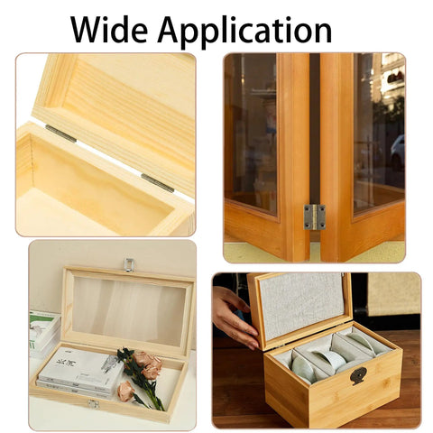 Six Pack 1 Inch Brass Cabinet Hinges Mini Rectangle Folding Butt Hinges for Small Jewelry Boxes, versatile use showcased.