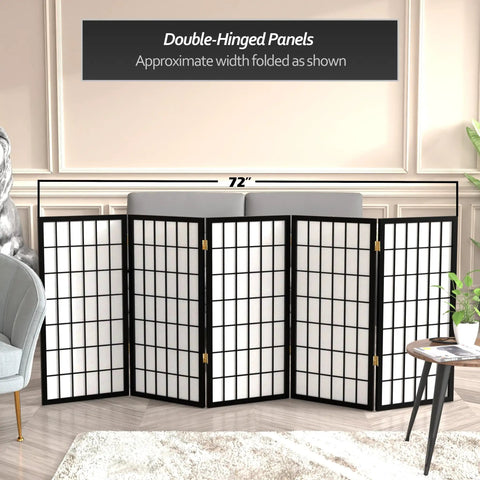 Compact 3 Foot Short Window Pane Shoji Screen Black 5 Panel Room Divider With Rice Paper Panels And Lightweight Spruce Frame For Easy Movement Privacy And Subtle Light Diffusion displayed in a living room setting.