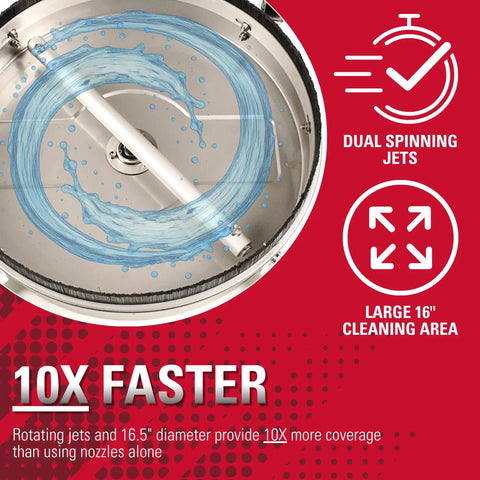 Top view of Universal 16.5 Inch Pressure Washer Surface Cleaner Stainless Steel with dual spinning jets and 16.5" diameter feature.