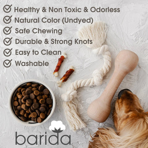 Natural White Cotton Dog Rope Toy For Medium And Large Dogs Built Tough And Non Toxic Premium Durable Rope Toy next to dog food.