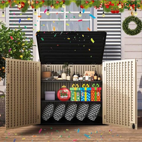Spacious Outdoor Storage Shed Resin Cabinet With 48 Cu Ft Capacity for Patio Accessories Trash Cans and Garden Tools, open view.