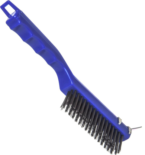 Flo Pac Plastic Grill And Kitchen Cleaning Brush With Scraper 11.38 Inch Griddle Brush with ergonomic blue handle and steel bristles