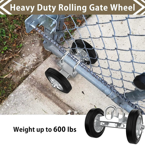 6 Inch Rolling Gate Wheel Carrier For Driveway Heavy Duty Steel Wheel With Rubber Wheel For Swing Or Sliding Gates Supports Up To 600 Pounds Chain Link Fence Compatible Gate Helper attached to gate