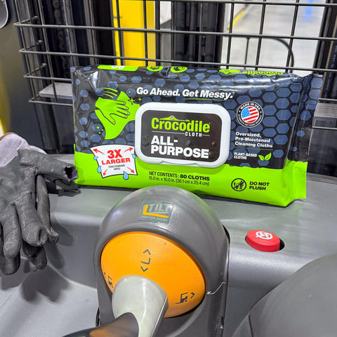 All-Purpose Cleaning Wipes - Extra Large 15x10 Plant-Based Disposable Cloths, 8 Pack, 640 Total, package on industrial equipment