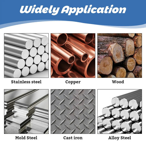 Materials suitable for 7/16 Inch R8 Shank Milling Arbor And Gear Cutter Holder with 22mm Bore, showing stainless steel, copper, wood, mold steel, cast iron, alloy steel.