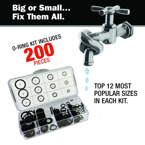 Rubber Faucet O Ring Kit 200 Piece 12 Size Assortment For Plumbing Seal Repair visible with illustrated faucet