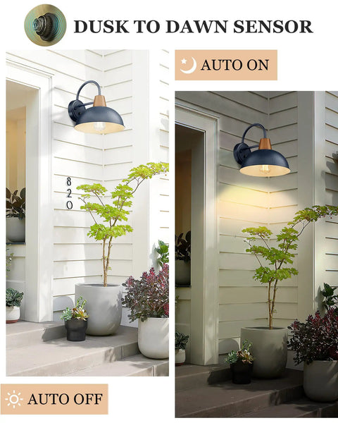 Outdoor Dusk To Dawn Barn Light With Hammered Metal Shade And Antique Brass Finish, wall sconce auto on at dusk, porch view