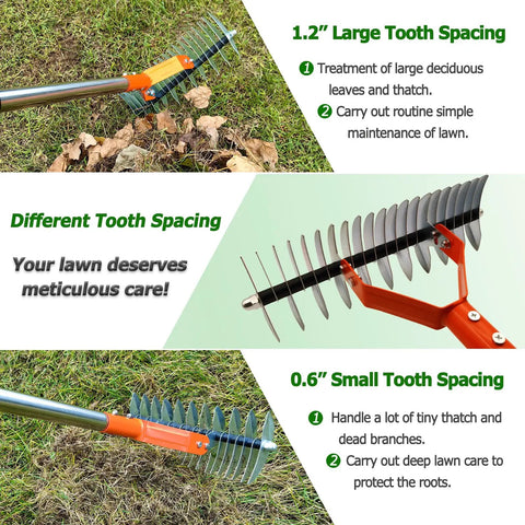 Workhorse Thatch Rake With 68 Inch Adjustable Handle And 14 Inch Dethatching Rake Head Dual Sided for lawn maintenance