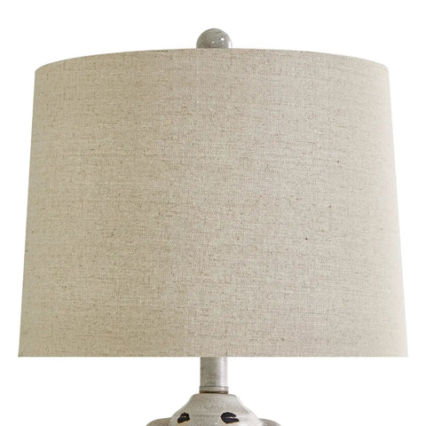 Close-up of linen lampshade on 25.75 Inch Farmhouse Ceramic Table Lamps Set Of 2 With 3 Way Dimmable Touch Control Modern Vintage Rustic Nightstand Bedside Lamps USB Power Ready Includes 2 Bulbs Perfect For Bedroom Or Living Room Homey Farmhouse Vibe.