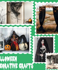 Collage of Halloween decorative crafts featuring black drapes, pumpkins, and themed displays on a green background.
