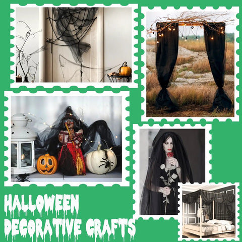 Collage of Halloween decorative crafts featuring black drapes, pumpkins, and themed displays on a green background.