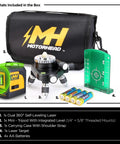 Self Leveling 360 Degree Green Cross Line Laser Level With Horizontal And Vertical Beams IP54 Dust And Water Resistant Pulse Mode 165 Ft Reach Comes With Mini Tripod Batteries Magnetic Target And Storage Bag contents
