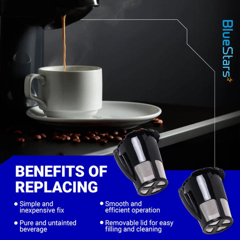 Upgraded Reusable Keurig Coffee Filter 2 Pack 119367 Replacement Part for K Cups 2.0 Series with cup of coffee brewing