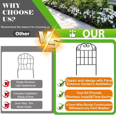 Comparison between traditional fence and Tall Decorative Metal Garden Fence Panels 24.5 Inch High 10.8 Foot Long 10 Pack Arched Black Fence For Dog Yard Patio Outdoor Decor Expandable Flexible Barrier