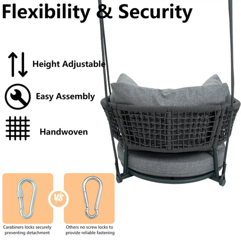 Back view of Single Seater Porch Swing Chair With 106 Inch Adjustable Rope For Height Boho Macrame Hanging Hammock Chair in grey.