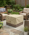 Built Tough Heavy Duty Square Gas Fire Pit Cover 32 Inch on outdoor patio with beige and brown 600D polyester cover
