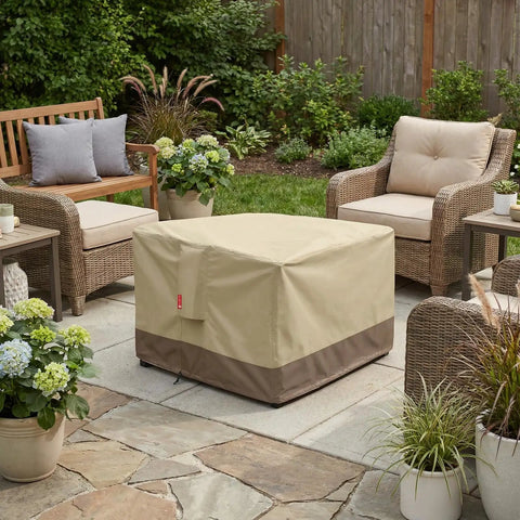 Built Tough Heavy Duty Square Gas Fire Pit Cover 32 Inch on outdoor patio with beige and brown 600D polyester cover