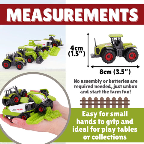 Five Piece Green Die Cast Farm Machinery Toys Set With Mini Tractors And Harvesters, durable, easy to grip for kids