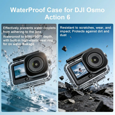 Osmo Action 6 Bombproof Waterproof Underwater Housing Case 60M Depth Rated Anti Fog Shield on rocky surface and splashing water