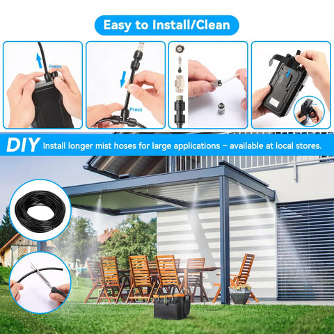 Portable Outdoor Misting System Kit With 6000mAh Pump, 20L Bucket, And 26Ft Hose for patio cooling, easy installation steps shown