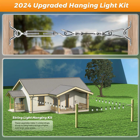 Outdoor String Light Hanging Kit With 182 Ft 7x7 Stainless Steel Wire Rope, Turnbuckle And Hooks displayed in garden setup.