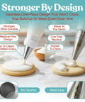 Versatile Big Time Premium 67 Piece Cookie Decorating Kit Featuring Royal Icing Tools, piping icing onto a cookie with seamless piping bag.