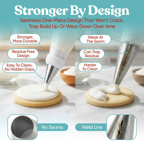 Versatile Big Time Premium 67 Piece Cookie Decorating Kit Featuring Royal Icing Tools, piping icing onto a cookie with seamless piping bag.