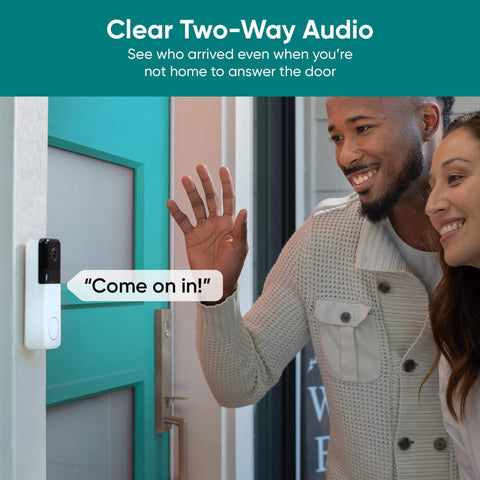 Wireless Video Doorbell Pro With 1440 HD Video, Night Vision, 2-Way Audio, And One-To-One Head-To-Toe View installed by a front door.