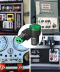 Green 120V LED Indicator Light Energy Saving Pilot Lamp for industrial panels in use, close-up of panel mount installation.