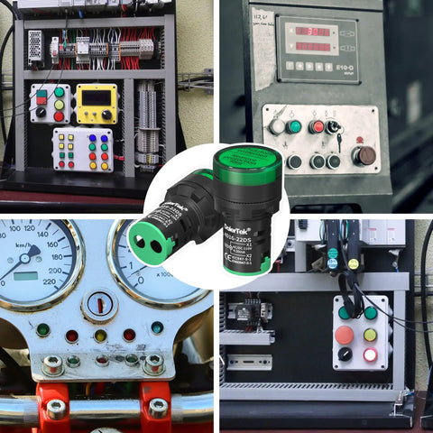 Green 120V LED Indicator Light Energy Saving Pilot Lamp for industrial panels in use, close-up of panel mount installation.