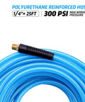 Coiled blue quarter inch reinforced polyurethane air hose with brass MNPT fittings, 25 feet, 300 PSI, kink resistant for compressors and tools.