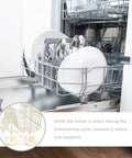 Lower Dish Rack Replacement For Dishwasher WD28X10284 holding dishes securely in open dishwasher with white racks and rollers.