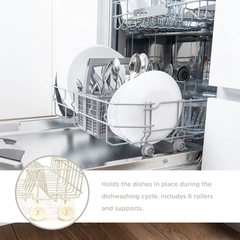 Lower Dish Rack Replacement For Dishwasher WD28X10284 holding dishes securely in open dishwasher with white racks and rollers.