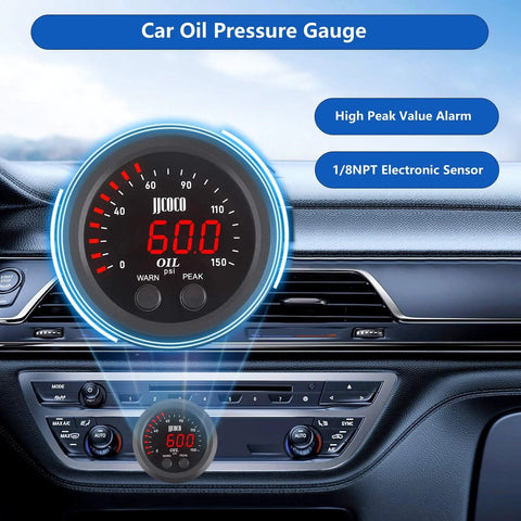 Oil pressure gauge kit, 2-1/16 in, red digital display, 150 psi, 1/8 NPT sensor, front view mounted on dashboard