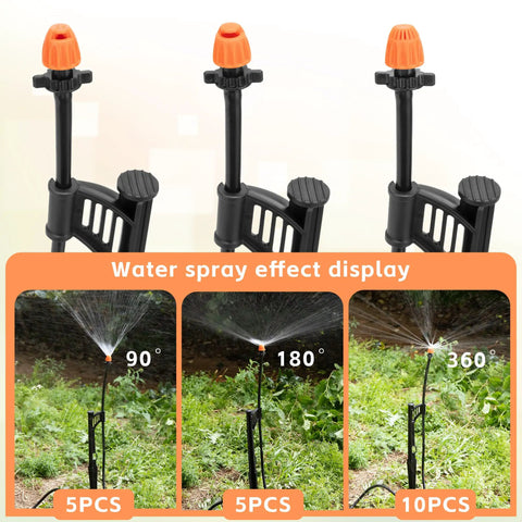 20 Sets Of Garden Irrigation Sprinkler Heads With Stakes, 90 Degree, 180 Degree, And 360 Degree Micro Spray Emitters in use