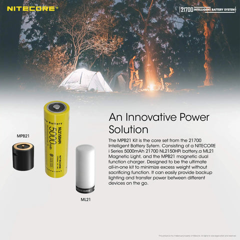 Camping scene with MPB21 Mini Rechargeable Lantern Flashlight Bundle With 5000mAh Battery, Magnetic Charger, and accessories.