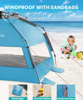 Pop Up Beach Tent For 3 To 4 People With Sandbags, Easy One Person Setup, Portable Sun Shade Canopy For Beach And Outdoor Use, UPF50+ UV Protection, Ventilated Shelter With Carry Bag, windproof with sandbags on beach