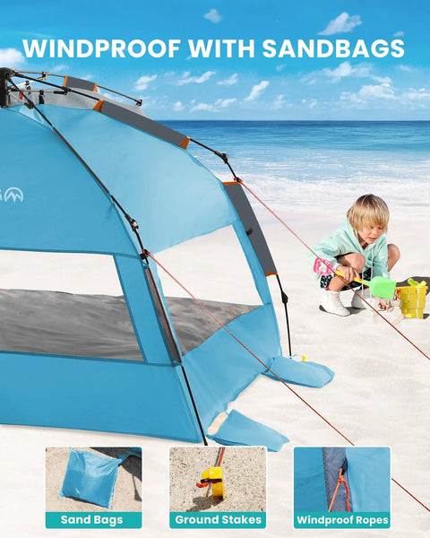 Pop Up Beach Tent For 3 To 4 People With Sandbags, Easy One Person Setup, Portable Sun Shade Canopy For Beach And Outdoor Use, UPF50+ UV Protection, Ventilated Shelter With Carry Bag, windproof with sandbags on beach